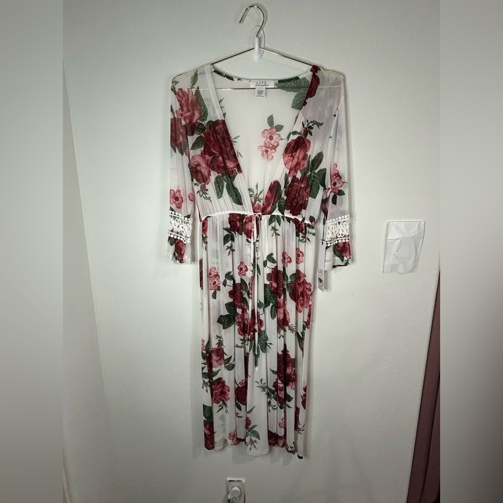 LIFE Love Is For Eternity Floral Kimono Cardigan | Sheer Rose Print Cover Up M L